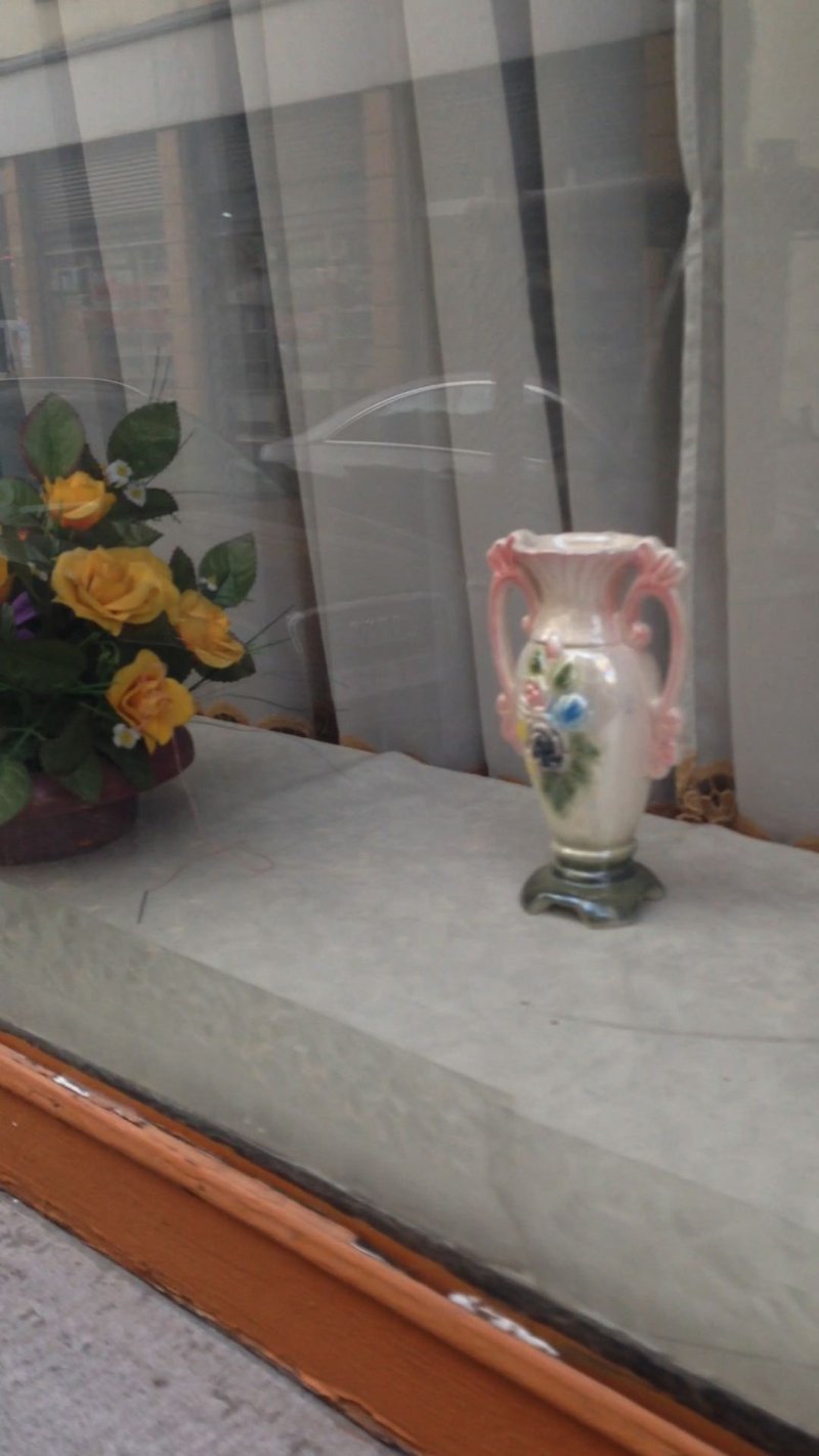  vase rose sur un seuil de fenêtre à front de rue